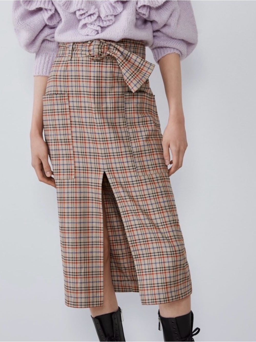 ZARA Plaid Belted Midi Skirt High Waist Front Slit Size L NWT